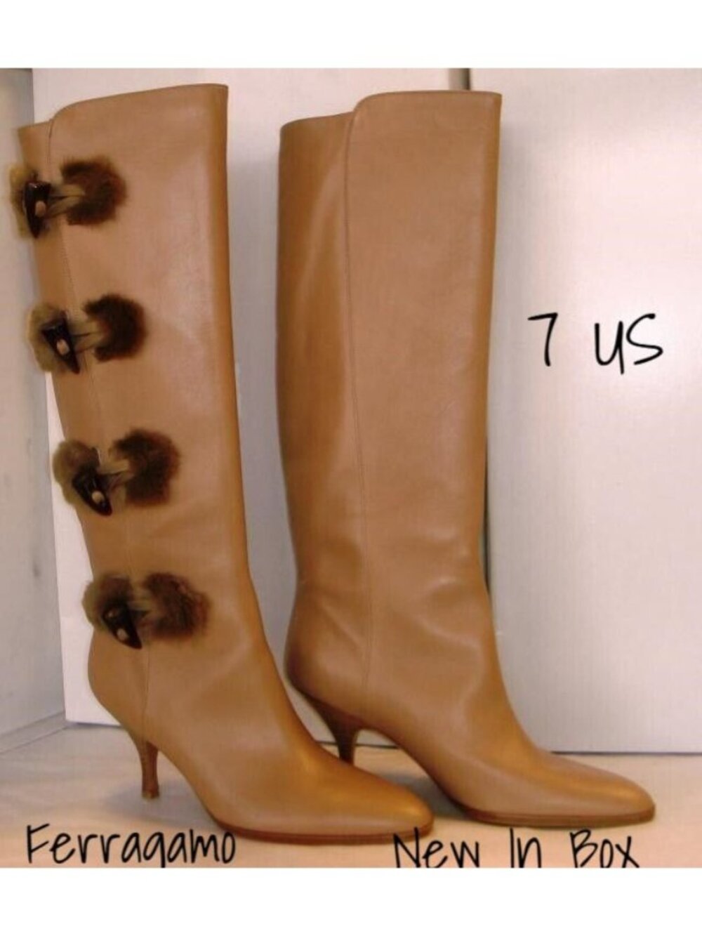 Salvatore Ferragamo Tafalla Leather Knee Toggle Fur Boots Size 7 - New With Box